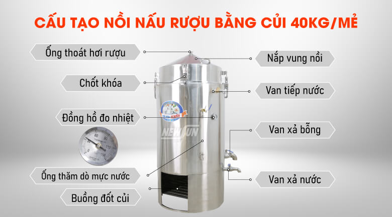Chi tiết các bộ phận của nồi nấu rượu bằng củi 40kg