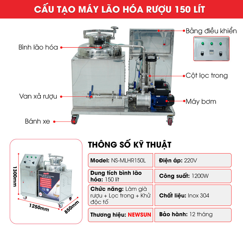 Cấu tạo chi tiết máy lão hóa rượu 150 lít