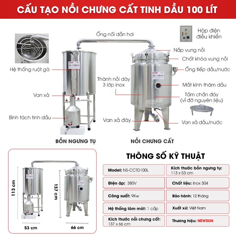 Cấu tạo nồi chưng cất tinh dầu mini 100 lít