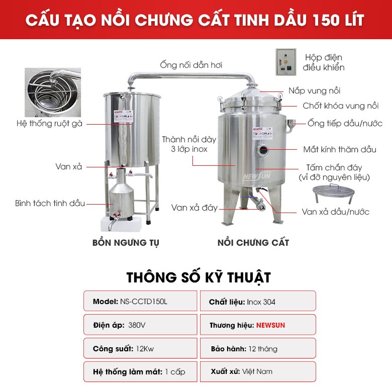 Cấu tạo nồi chưng cất tinh dầu 150 lít 