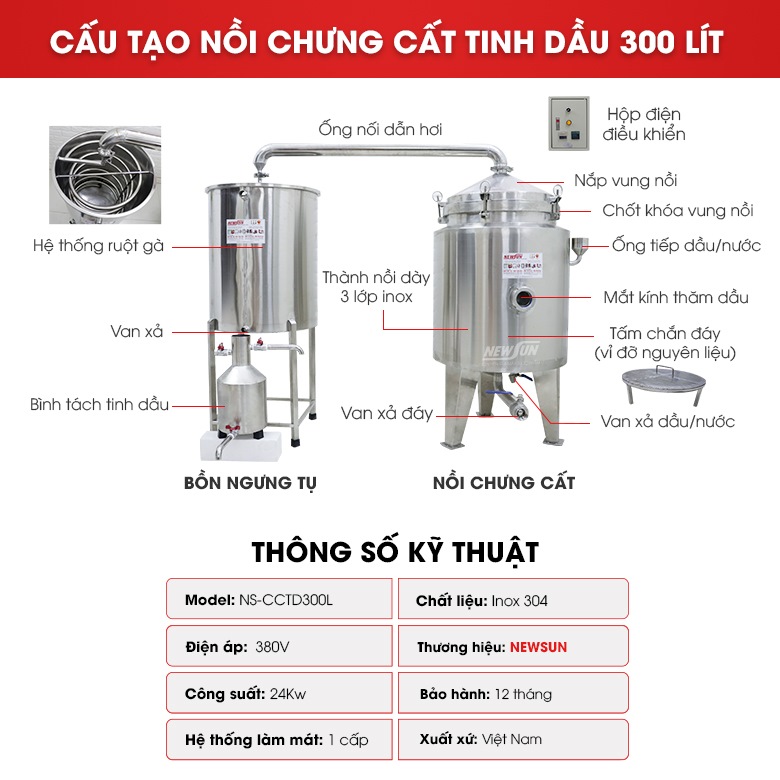 Cấu tạo nồi chưng cất tinh dầu 300 lít 
